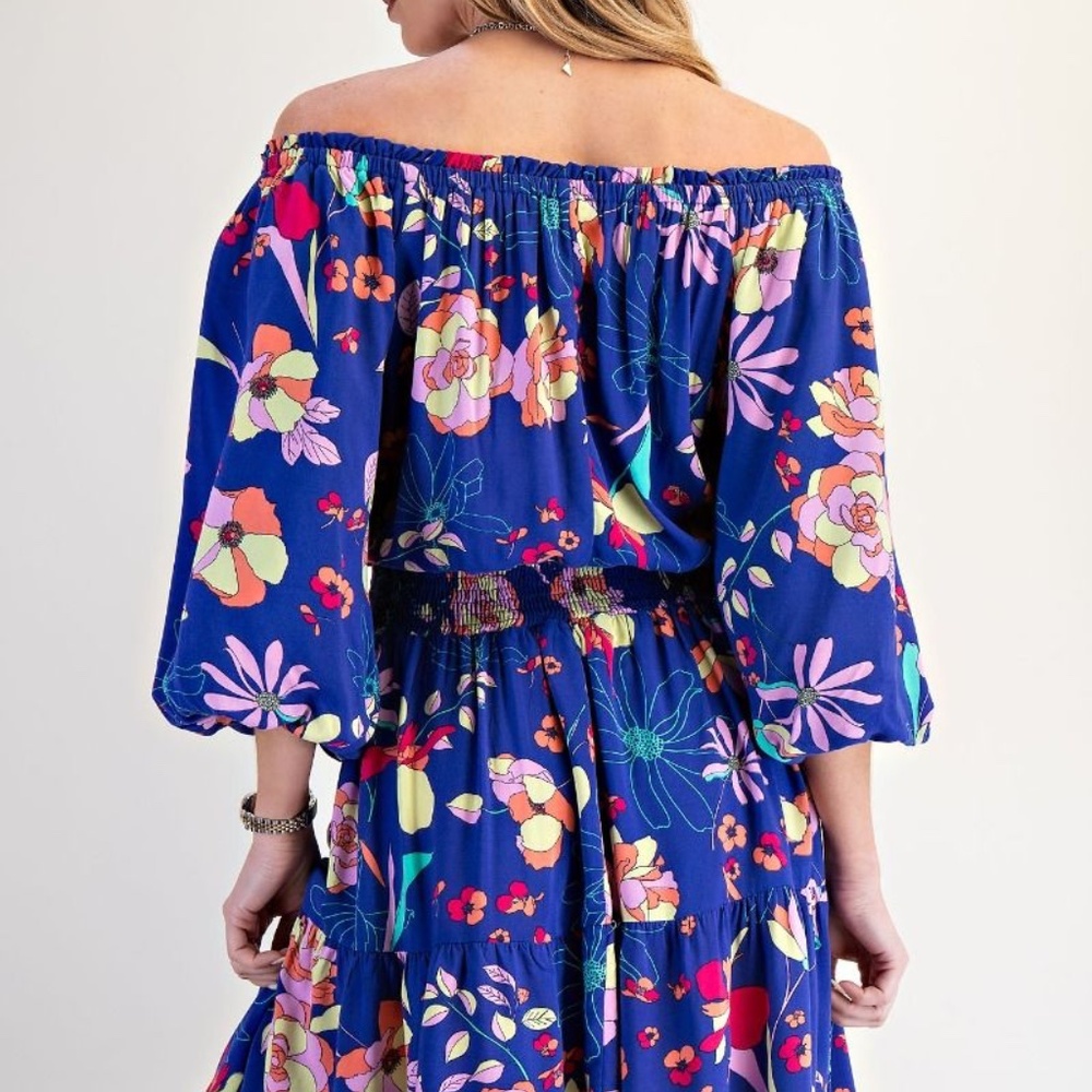 FLORAL PRINTED CHALLIS DRESS Royal Blue - Picture 5 of 6